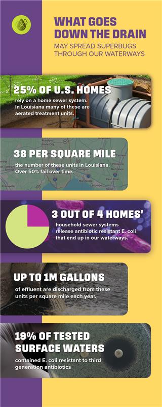 Graphic explaining wastewater problem. Headline: What Goes Down the Drain May Spread Superbugs Through Our Waterways; Text: 25% of U.S. homes rely on a home sewer system. In Louisiana, many of these are aeration units. 38 Per Square Mile: The number of these units in Louisiana. Over 50% fail over time. 3 out of 4 homes' household sewer systems release E. coli that end up in our waterways. Up to 1M gallons of effluent are discharged from these units per square mile each year. 19% of tested surface waters contained E. coli resistant to third generation antibiotics.