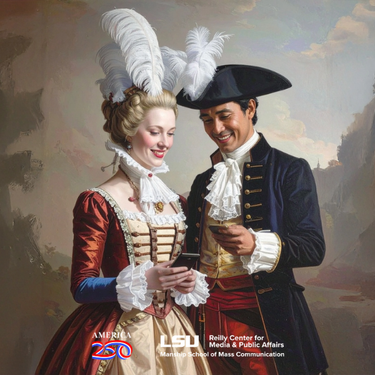 Two colonial-era people smiling at phones